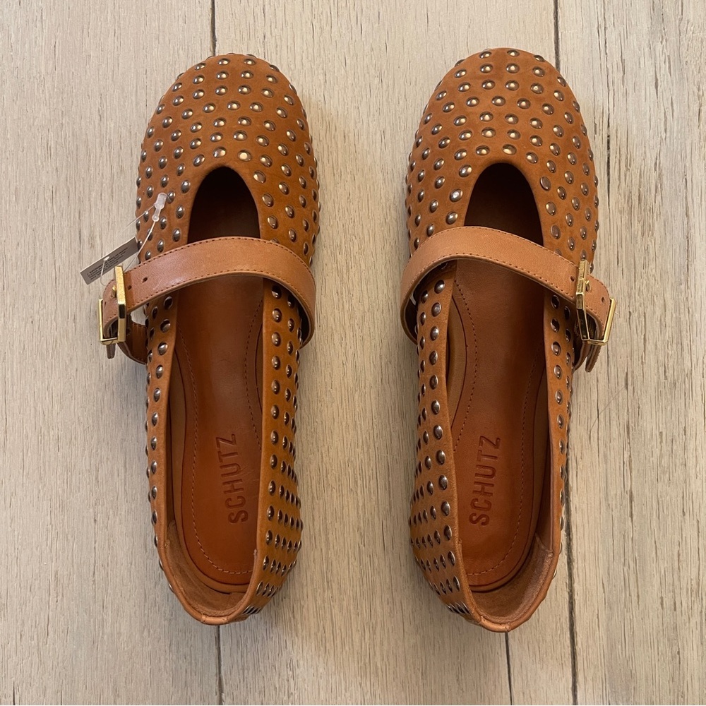 NWOT: SCHUTZ Eizas Brown Studded Flats with Bronze studs and buckle closure